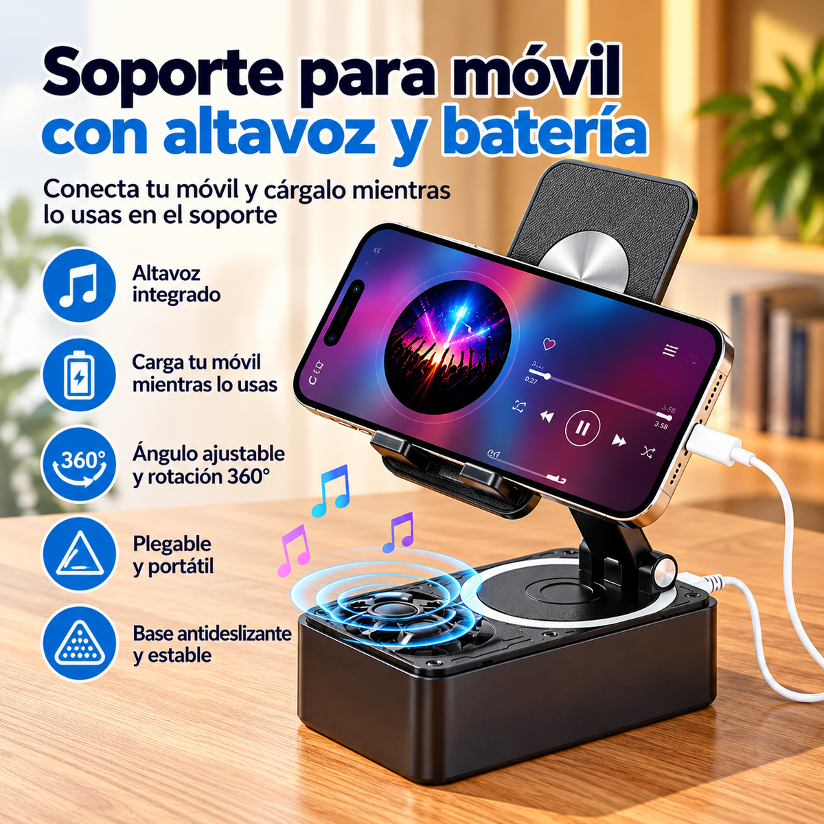 Volarito Soporte de móvil con altavoz y batería