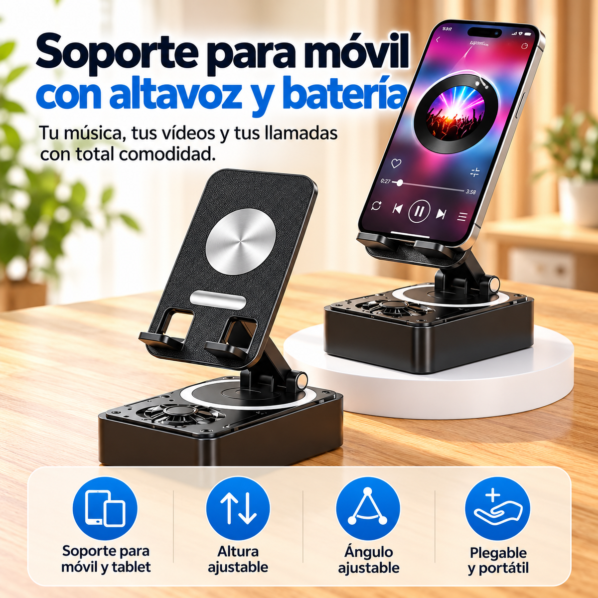 Volarito Soporte de móvil con altavoz y batería